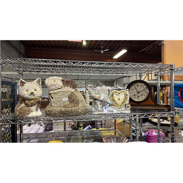 SEASHELL FOLK ART CAT & RABBIT, VTG. PORCELAIN ELEPHANT CARRIAGE CLOCK & VTG. MANTLE CLOCK