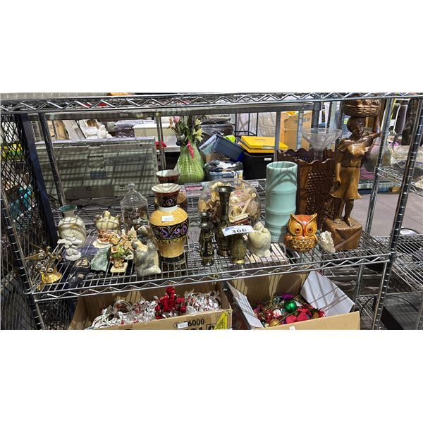 SHELF OF ASSTD. VINTAGE VASES, FIGURINES, GLASS BOWL OF DRIED SPONGES & MORE