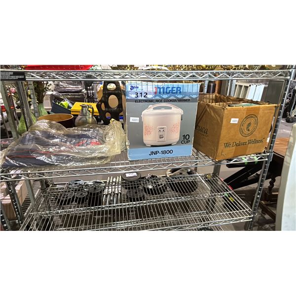 TIGER ELECTRIC RICE COOKER/WARMER, CLOCK RADIO, SHOWER CURTAIN HANGERS & MORE