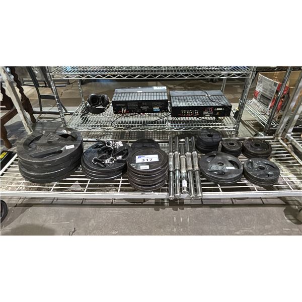 SHELLF OF ASSORTED WEIGHT PLATES & METAL DUMBBELL HANDLES