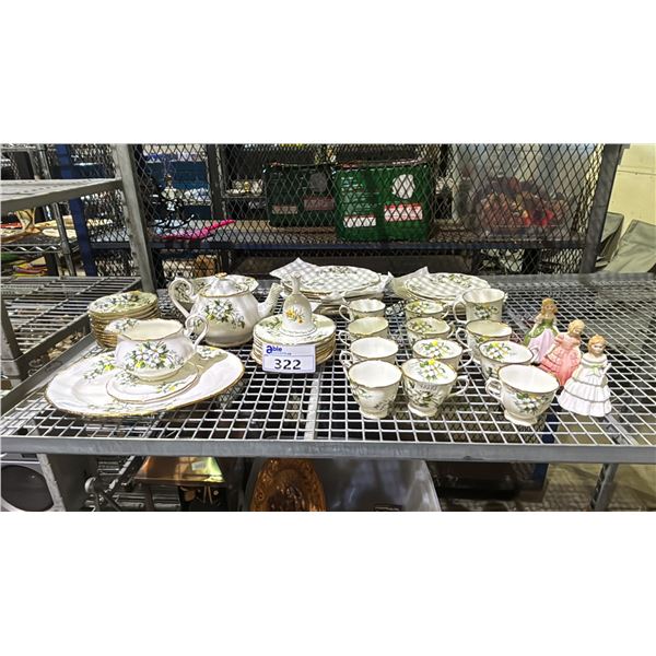 SHELF OF VINTAGE ROYAL ALBERT WHITE DOGWOOD CHINA & (3) ROYAL DOULTON FIGURINES