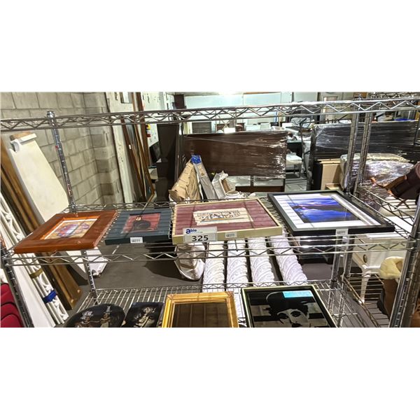 SHELF OF ASSORTED FRAMED ART