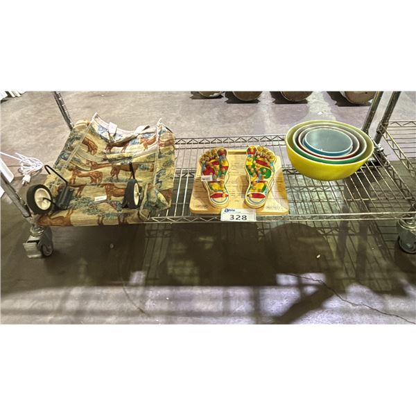 FOOT REFLEXOLOGY MASSAGE BOARD, VTG. PYREX NESTING BOWLS & HORSE TAPESTRY ROLLING TOTE BAG