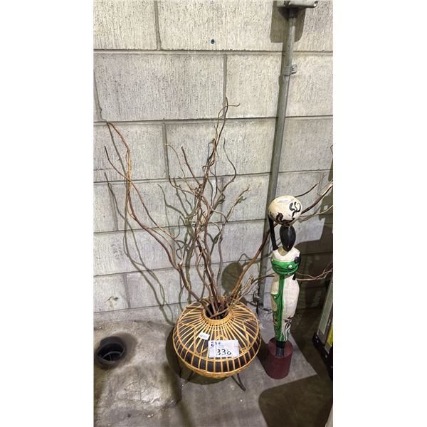 WICKER WRAPPER POTTERY VASE W/ DRIED WILLOW BRANCHES & CARVED WOOD FIGURAL STATUE