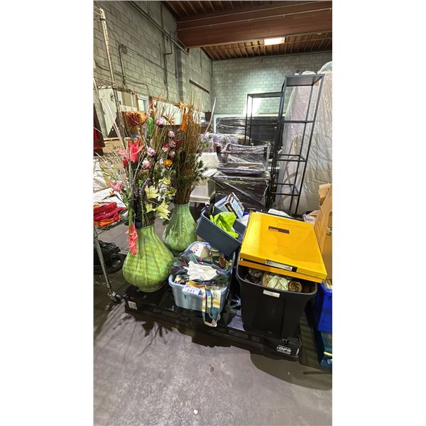 PALLET OF ASSTD. HOME GOODS: LARGE VASES W/FAUX FLOWERS, GLASSWARE, VASES, PICTURE FRAME MATTING
