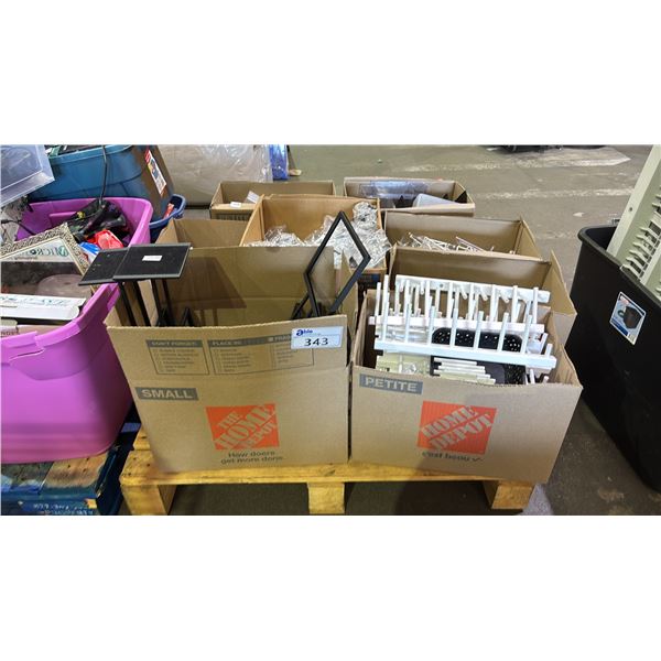 PALLET OF WOOD DOWEL RACKS, METAL TABLETOP SIGN HOLDERS, PLASTIC CUPS, ADJUSTABLE DISPLAY EASLES