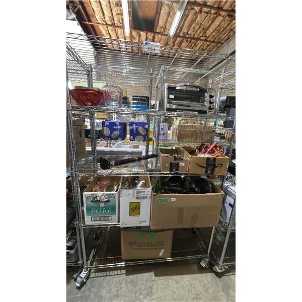 RACK OF ASSORTED HOME GOODS: KITCHEN WARE, WRENCHES, JUMPER CABLES & MORE *RACK NOT INCLUDED*