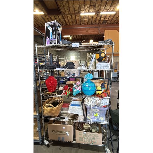 RACK OF ASSTD. HOME ITEMS: VASES, BASKETS, HANDHELD FABRIC STEAMER, TOTE OF ASSTD YARN & MORE *RACK
