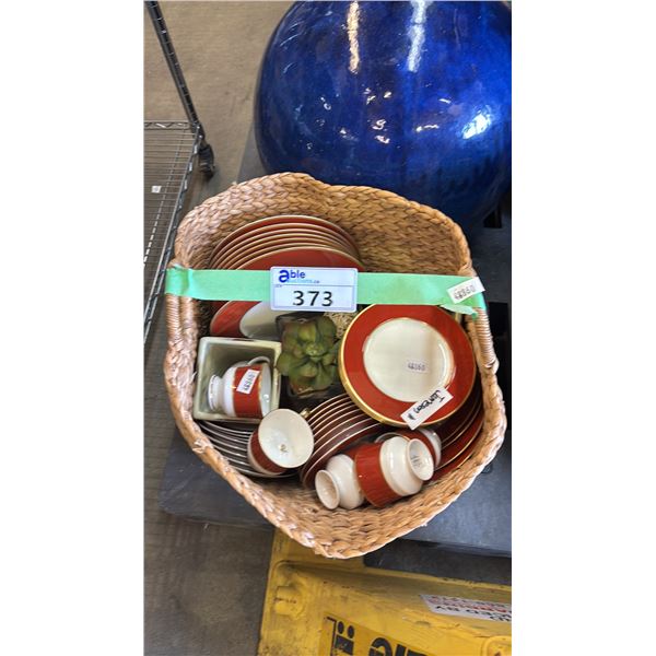 WICKER BASKET OF MIKASA EGYPTIAN TERRACOTTA BONE CHINA