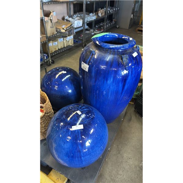 (2) GLAZED CERAMIC 28" DIA. GARDEN SPHERES & A LARGE APPROX. 34" TALL GLAZED CERAMIC VASE/PLANTER