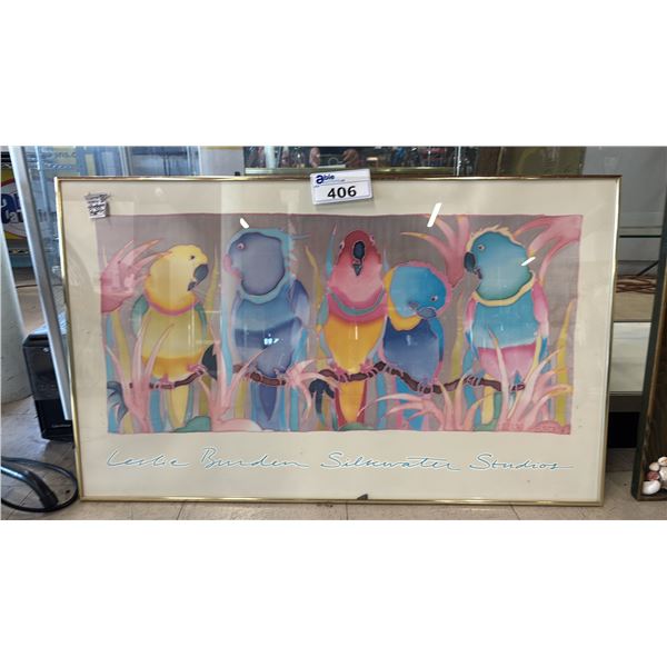 VINTAGE FRAMED LESLIE BURDEN SILKWATER STUDIOS PARROT PRINT: APPROX. 38" X 23.5"