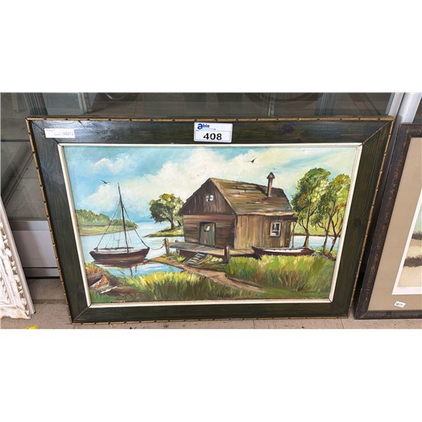 VINTAGE FRAMED OIL ON CANVAS PAINTING SIGNED C BERNARDO '71: APPROX. 38" X 27.5"