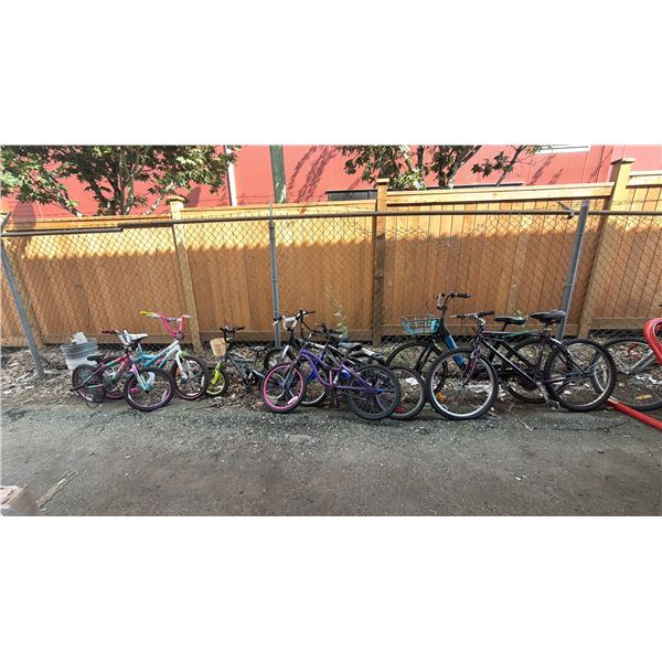 8 ASSORTED BIKES INCLUDING INFINITY CRAZY HORSEHT20, HUFFY, MOVELO, RALEIGH AND MORE