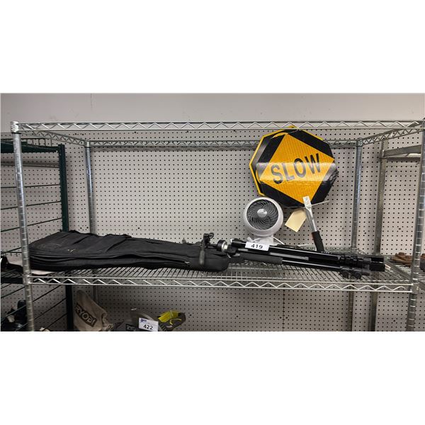 MANFROTTO CAMERA TRIPOD, WOOZO FAN, HANDHELD SLOW/STOP SIGNS, SOFT SIDE ELECTRIC GUITAR CASE & MORE