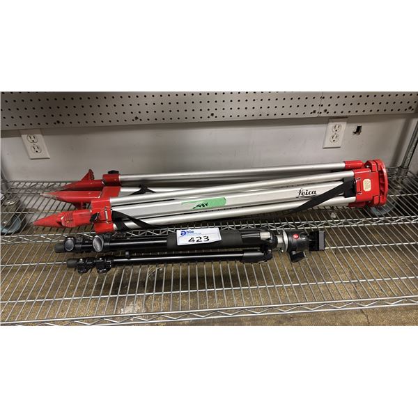 MANFROTTO CAMERA TRIPOD & (3) SURVEYOR'S TRIPODS