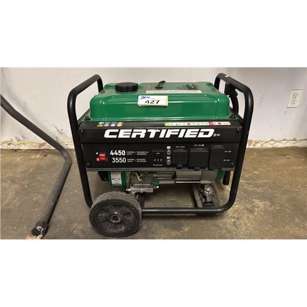 CERTIFIED PORTABLE GAS GENERATOR: 4550 STARTING WATTS/3550 RUNNING WATTS