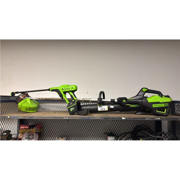 GREEN WORKS CORDLESS TOOLS: WEED TRIMMER, BLOWER & POWER CLEANER *NO BATTERIES OR CHARGERS/UNKNOWN