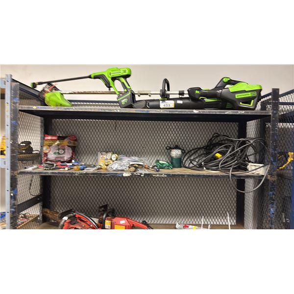 SHELF OF ASSTD. TOOLS: ALLAN KEYS, MALLET, SHOP VAC WET/DRY BAGS, EXTENSION CORD, HAND TOOLS & MORE