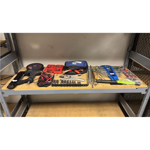SHELF OF SOCKETS, COMBINATION WRENCHES, AXE, SCREWDRIVER BITS, RATCHETING PIPE CUTTER & MORE