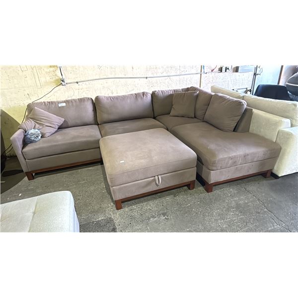 2 PIECE BROWN FABRIC SECTIONAL SOFA WITH CHASE AND STORAGE OTTOMAN