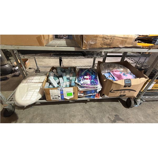 *NEW* SHELF OF XL HOODIES, DOG ONESIES, BOX OF BOYSEA ADVANCED SCAR TREATMENT & TOILET SEAT