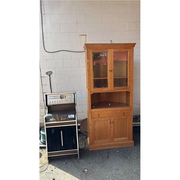 VINTAGE MORSE ELECTROPHONIC MULTI-IN-ONE MUSIC CENTER & VINTAGE WOOD CORNER HUTCH