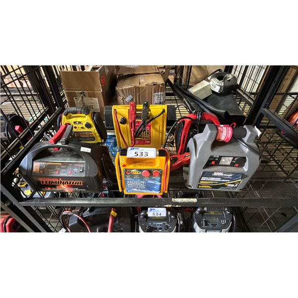 SHELF OF ASSORTED PORTABLE CAR BATTERY JUMP STARTERS & POWER PACKS *UNKNOWN WORKING CONDITION*