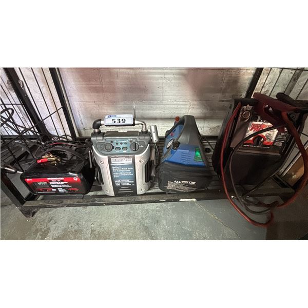 SHELF OF  PORTABLE AUTOMOTIVE BATTERY BOOSTER PACKS & CHARGERS *UNKNOWN WORKING CONDITION*