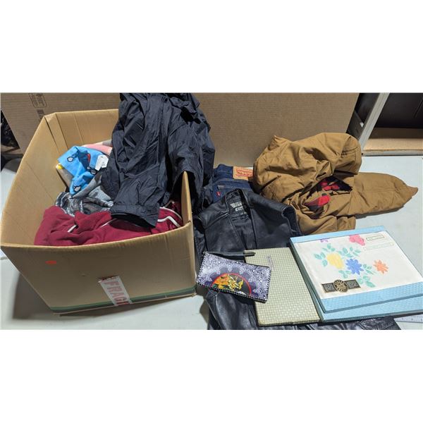 Lot of Assorted Clothing & Table Cloths w/ Levi's, CAT, & More