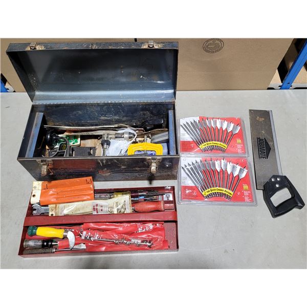 Tool Box lot with 2 Spade Drill bit Sets and Jobmate Saw