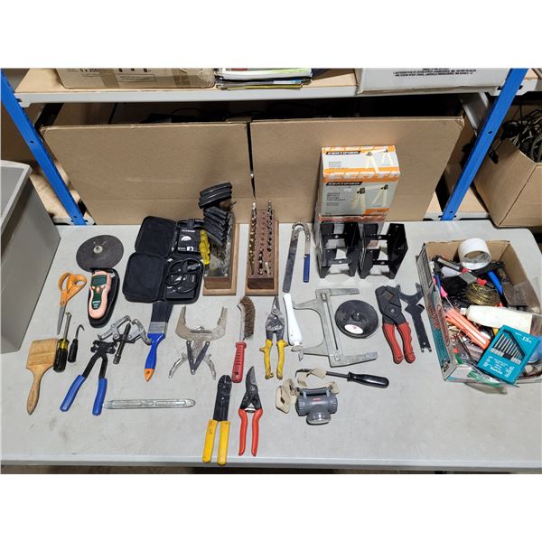 Outdoor Decor Tool Lot: Trimmers, Paint brushes, Wire cutters, Head Lamp