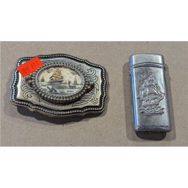Tall Ship Belt Buckle and Lighter