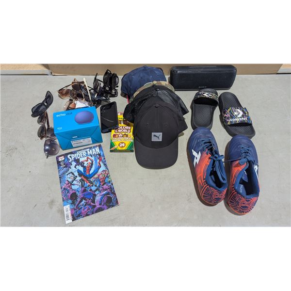 Fashion Accessory Lot, Hats, Sun Glasses, Converse Slippers, Cleats plus Spider  man comic
