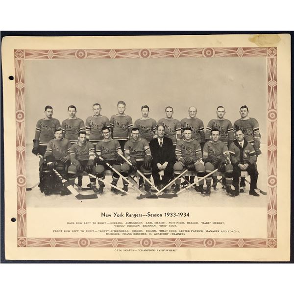 CCM HOCKEY PROMOTIONAL - 1933-34 NEW YORK RANGERS