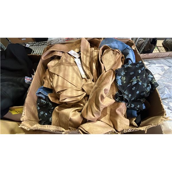 BOX OF *NEW WITH TAGS* EVERNEW DRESSES, JEANS & VEGAN LEATHER TRENCH COATS