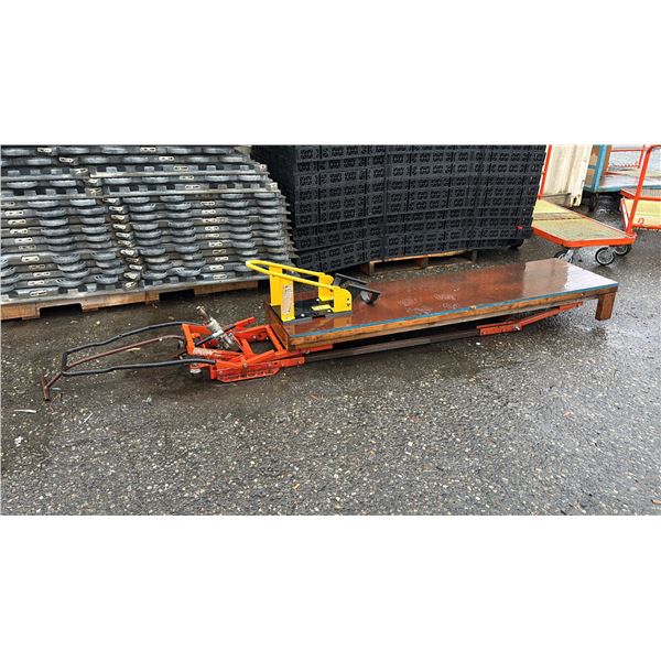 HYDRAULIC 7' FLOOR JACK WITH MAXXHAUL MOTORCYCLE WHEEL CHUCK ATTACHED TO WOOD PLATFORM