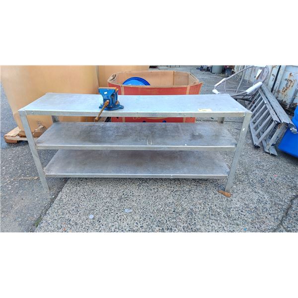 3 TIER STAINLESS STEEL WORK TABLE WITH ATTACHED VISE 70" X 20" X 32"