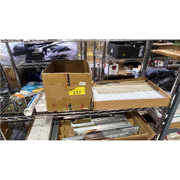SHELF OF DTC LEGACY ENDURA DRAWER KIT, MAINLINE GAS CONNECTOR, BOX OF RATCHET BUCKELS, L-BRACKETS &