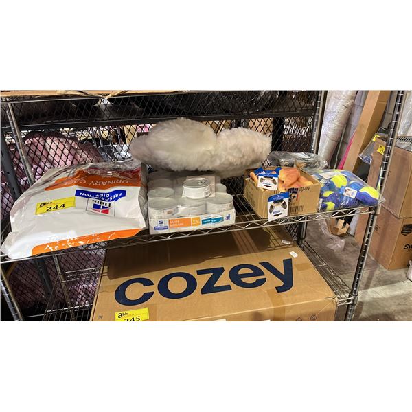 SHELF OF HILLS URINARY CARE CAT FOOD (WET & DRY), SQUEAKY DOG TOYS, DOG BALLS W/CARRY STRAPS, CAT