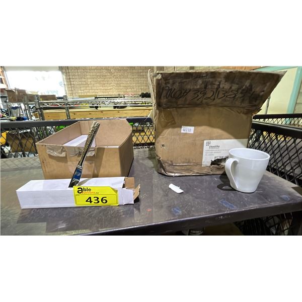 *NEW* CASE OF STAINLESS STEEL DINNER KNIVES & CASE OF WHITE CERAMIC MUGS
