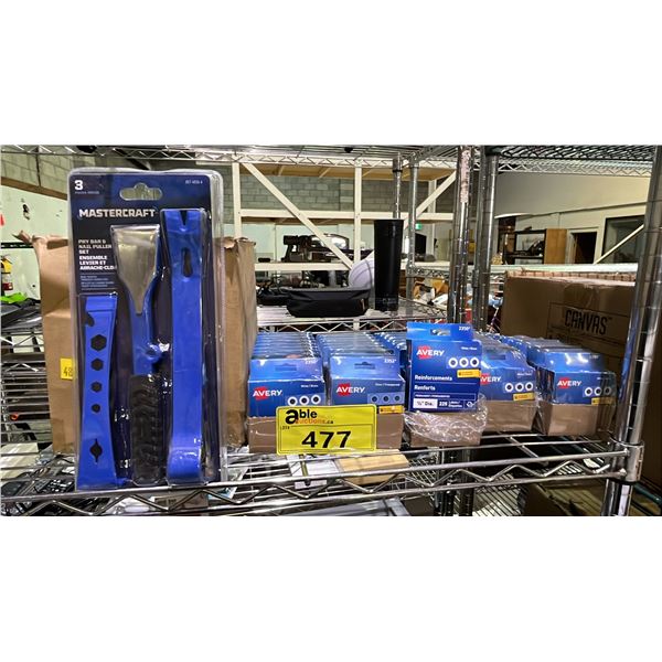 MASTERCRAFT PRY BAR & NAIL PULLER SET AND ASSORTED AVERY REINFORCEMENTS