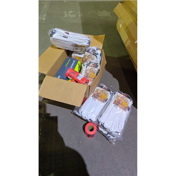 BOX OF ASSORTED ITEMS INCL. GLOVES, RED DANGER TAPES AND HEX ARMOR EYEWARE