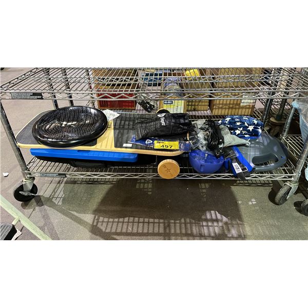 SHELF OF ASSORTED HOME FITNESS EQUIPMENTS