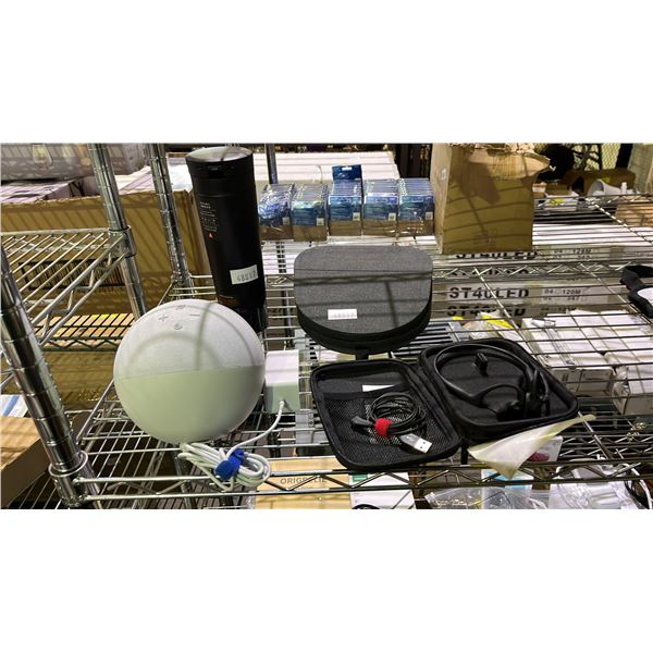 SHELF OF ASSORTED ITEMS INCLUDING SONY HEADPHONES, SHOKZ EARBUDS, ECO DOT SMART SPEAKER AND MORE