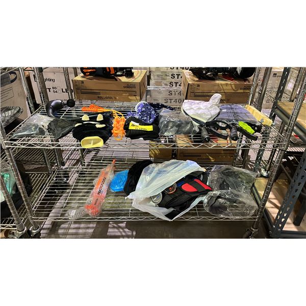 2 SHELVES OF ASSORTED ITEMS INCLUDING MASSAGE GUN, BUG-A-SALT GUN, INSOLES, HAND GRIPPERS AND MORE