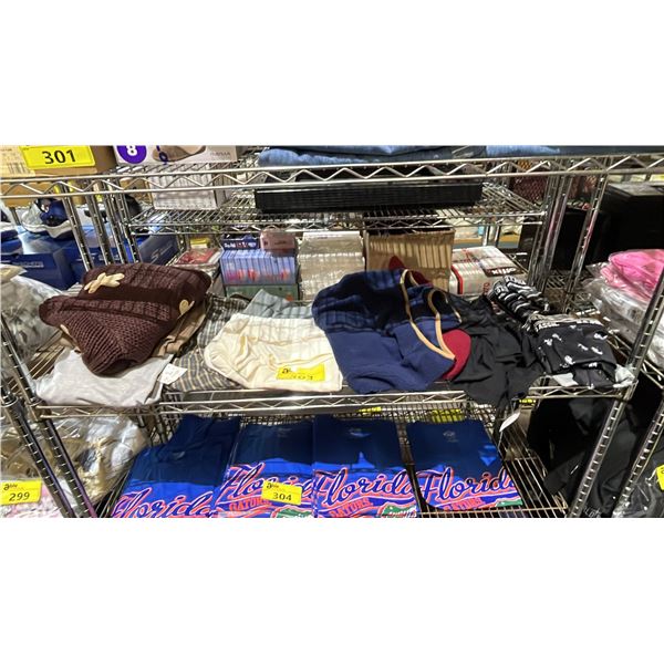 SHELF OF ASSORTED *NEW* SHIRTS, SWEATERS & MEN'S UNDERWEAR: ASSORTED SIZES, STYLES & COLOURS