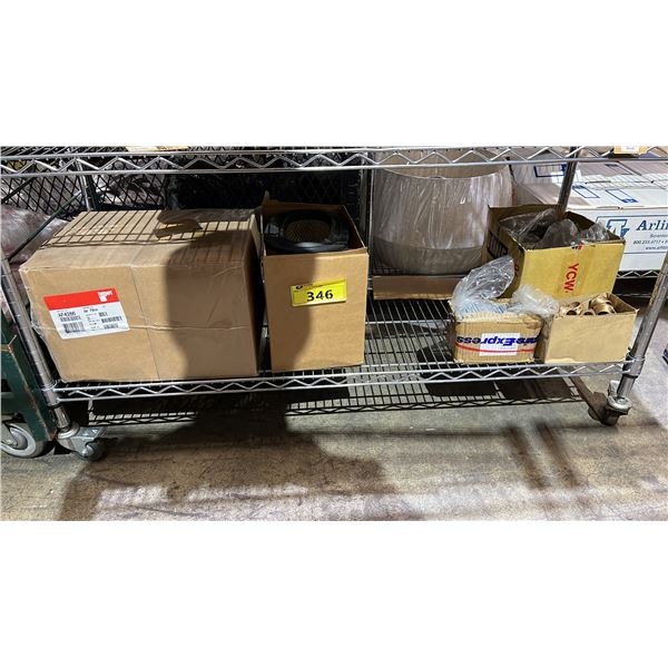 SHELF OF *NEW* AIR FILTERS, 2-HOLE FLAT PLATE FITTINGS, BRASS HEX BUSHINGS & METAL FLAT WASHERS