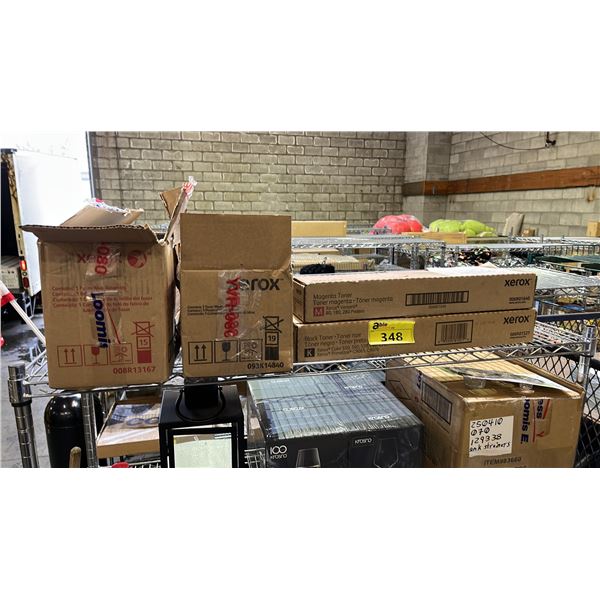 SHELF OF XEROX VERSANT TONER, XEROX NUVERA WASTE CONTAINER & XEROX NUVERA FUSER WEB ASSEMBLY
