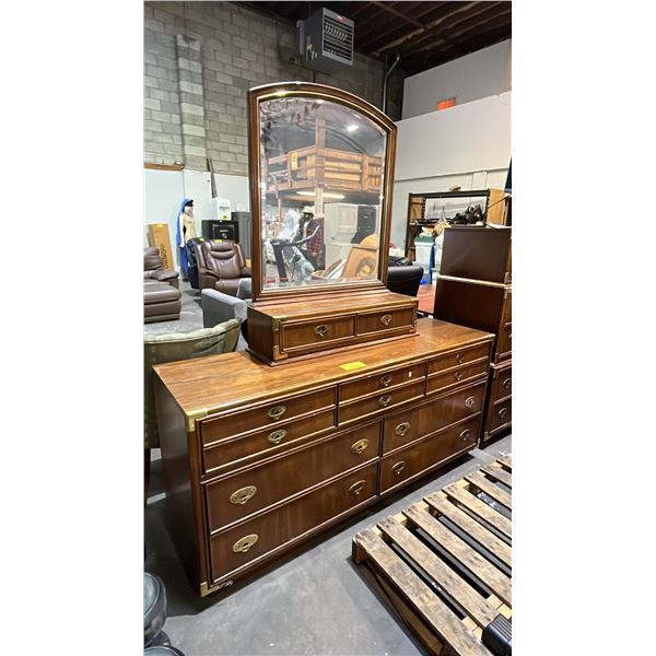 VINTAGE WOODEN 9-DRAWER DRESSER WITH ATTACHED MIRROR AND BRASS-TONE HARDWARE