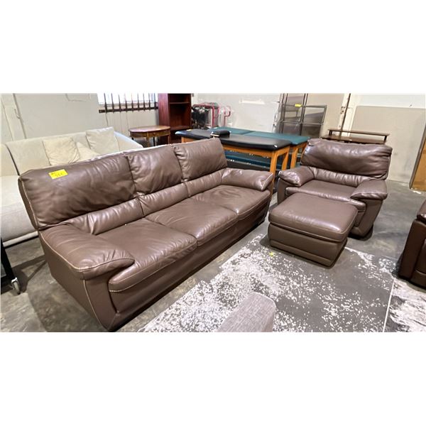 NATUZZI 3-PCS BROWN LEATHER SOFA WITH ARMCHAIR AND  MATCHING OTTOMAN